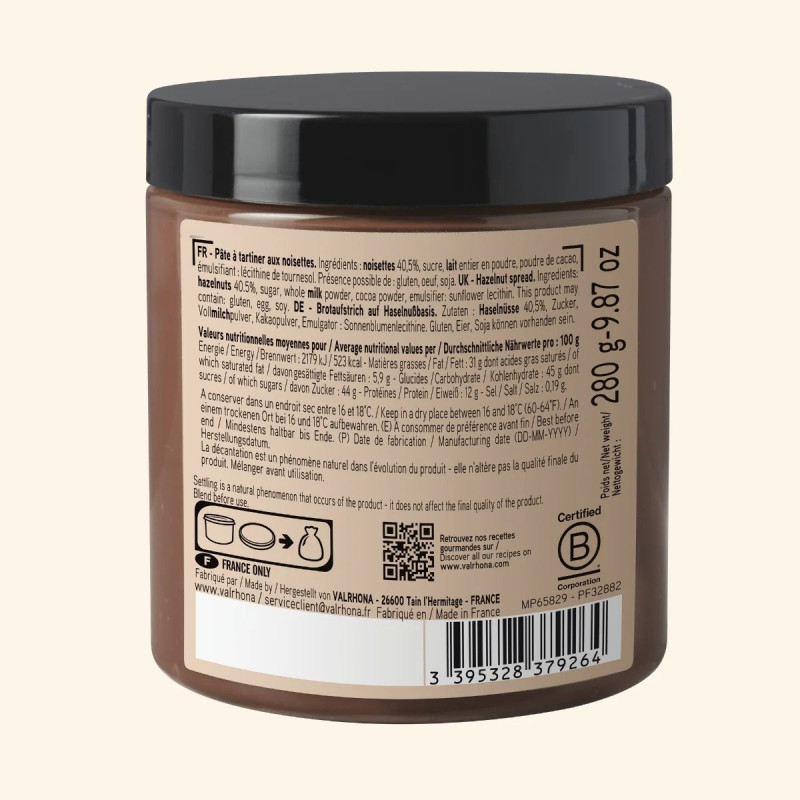 Pâte à tartiner noisettes 280g dos Pâte à tartiner noisettes 280g dos